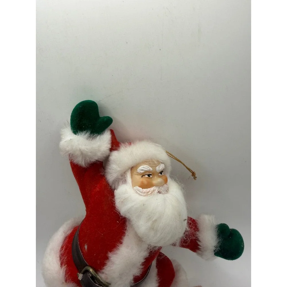 Vintage Mid Century Flocked‎ Santa Claus Christmas Ornament Poseable Red 7 Inch